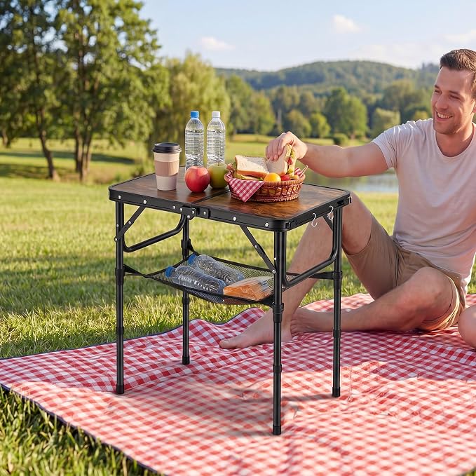 YihuiKo Small Folding Picnic Table with Storage Net, 3 Adjustable Heights 27.5" Aluminum Lightweight Portable Table with Carrying Handle for Camping Travel and Indoor