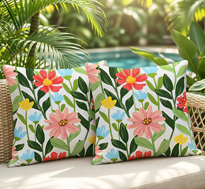 Lewondr Summer Floral Waterproof Outdoor Pillow Covers, 2 Pack, 18"×18" | Spring Summer Floral Waterproof Throw Pillow Covers for Patio Furniture Garden Square Outdoor Decorative Pillow Covers