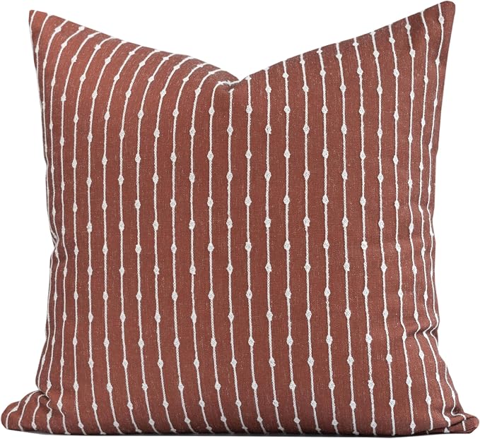 Modern Farmhouse Fall Linen Indoor Outdoor Throw Pillow Cover Only, 20"x20" Water Repellent for Patio, Backyard, Couch, Rust Neutral Embroidered Stripes