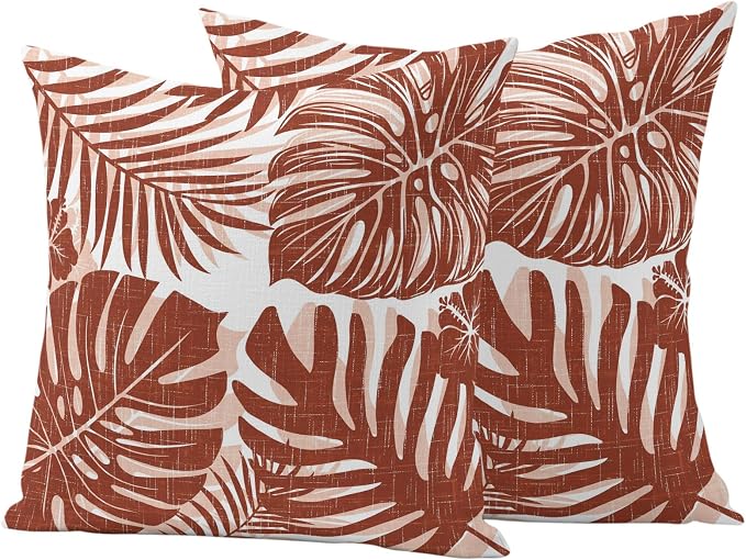 Copper Palm Leaves Outdoor Pillow Covers 26"x26" Set of 2, Tropical Botanical Minimalist Modern Waterproof Throw Pillow Covers for Patio Furniture, Decorative Cushion Covers for Porch