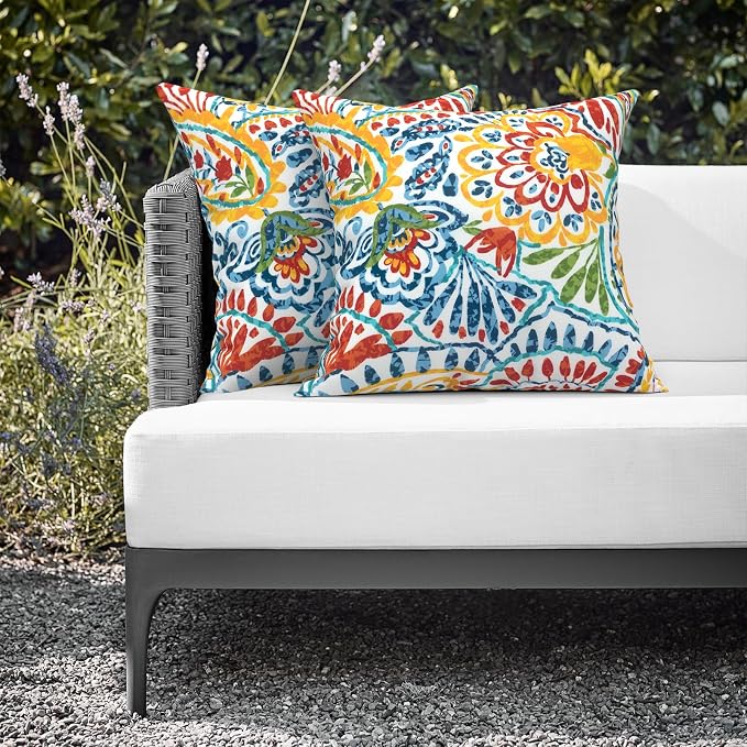 Outdoor Throw Pillows 16x16 Inch, Water Repellent Patio Pillows with Inners Set of 2 for Patio Furniture Home Garden, Paisley Multi