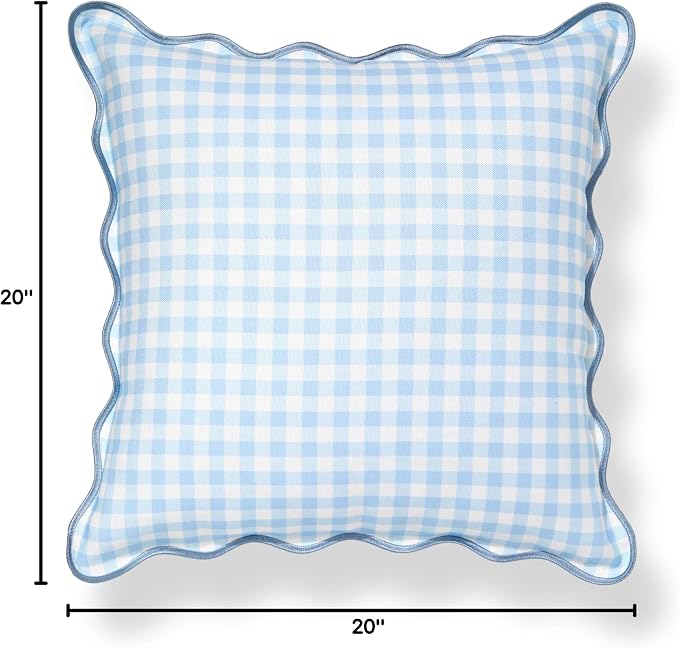 Hofdeco Premium Coastal Hampton Scalloped Patio Indoor Outdoor Throw Pillow Cover Only, 20"x20" Water Repellent for Backyard, Couch, Poolside, Baby Blue Print Gingham