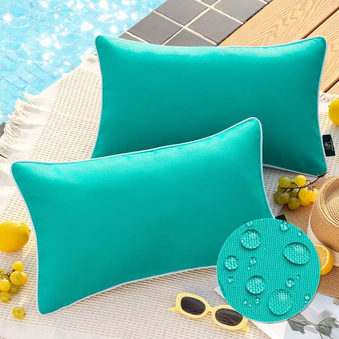 Phantoscope Pack of 2 Outdoor Waterproof Solid Throw Decorative Pillow Cover Decorative Square Outdoor Pillows Cushion Case Patio Pillows for Couch Tent, Turquoise 12x20 inches 30x50 cm