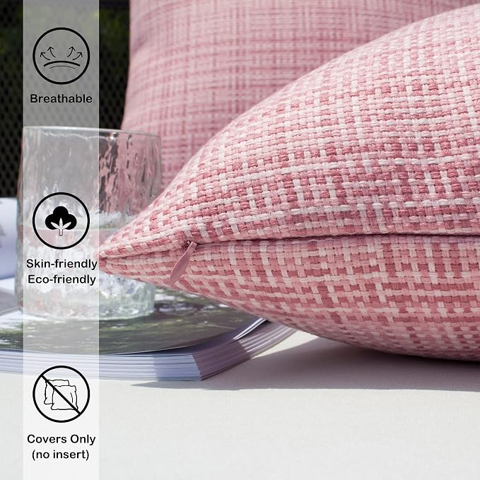 Kevin Textile Outdoor Waterproof 12"x20" Lumbar Pillow Covers 2 Pack, Pink | Water Resistant, Faux Linen Yarn-dyed, Woven Texture Throw Pillow Covers for Tent Patio Garden Couch Sofa