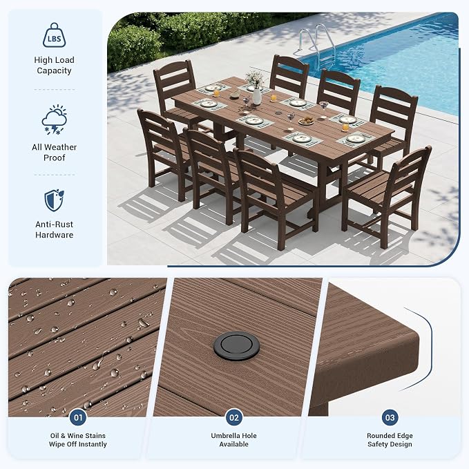 KINGYES Outdoor Armless Dining Chairs Set of 8,All-Weather HDPE Patio Chairs for Backyard,Pooside,Brown