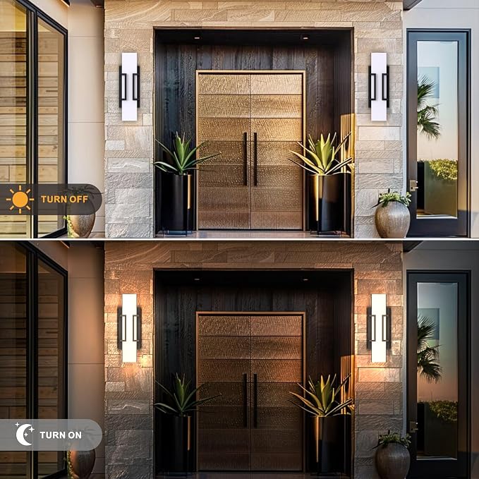 Hyunbae Modern Outdoor Wall Sconce Lights, Black Dimmable LED Porch Light | 16" Exterior Lighting Fixtures, IP65 Wall Mount Waterproof, White Glass Shade, House Garage Patio Use, 3000K Warm Glow