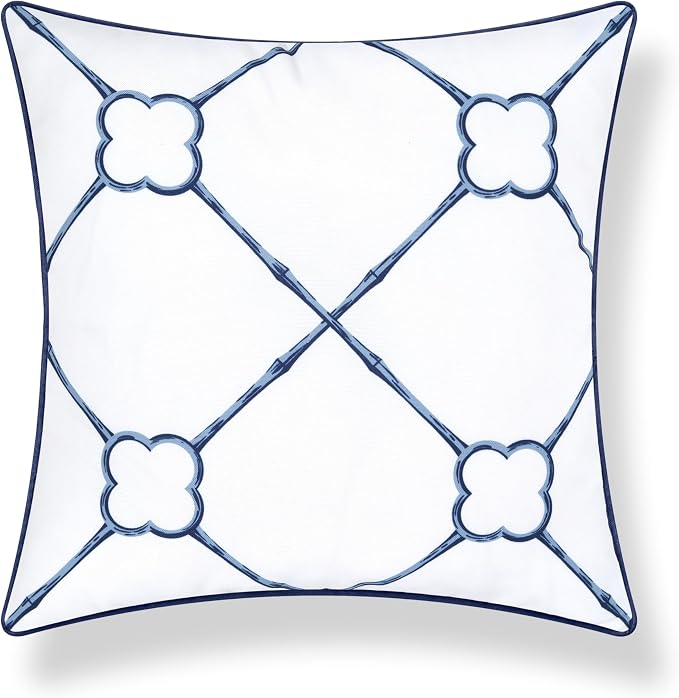 Hofdeco Premium Coastal Hampton Patio Indoor Outdoor Throw Pillow Cover Only, 22"x22" Water Repellent for Backyard, Couch, Poolside, Navy Azure Blue Print Bamboo Trellis
