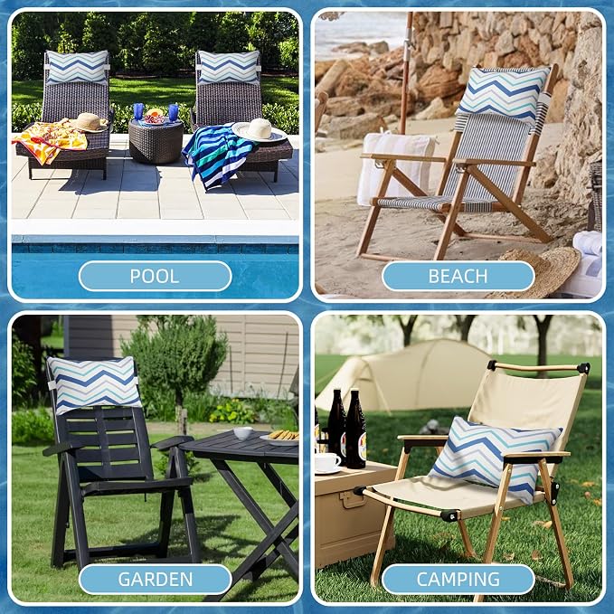 Outdoor Pillow for Chaise Lounge Chair, 2pcs Chaise Lounge Pillows Lumbar Pillows with Insert and Adjustable Elastic Strap for Patio Beach Office Chair, Blue White Stripe