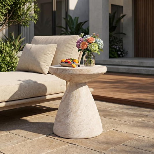 Outdoor Concrete Travertine Side Table, Magnesium Oxide Patio End Table, Faux Stone Accent Stool Coffee Table for Indoor Outdoor Use on Patio, Garden, Backyard-Beige 18"*20.25"
