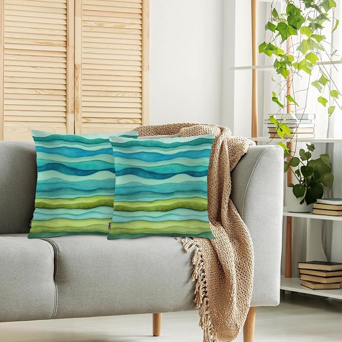 Swono Home Decorative Throw Pillow Covers Blue Green Waves, Watercolor Striped Wavy Marble Set of 2 Modern Pillow Case Cushion Cover for Sofa Couch Bed Farmhouse Pillows Covers Decor 18x18 Inch