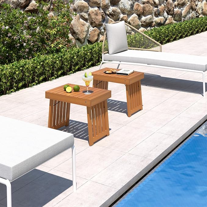 RELAX4LIFE Folding Outdoor Side Table - Acacia Wood Portable Patio End Table w/Slatted Tabletop, Outside Wooden Coffee Table for Backyard Balcony Porch Poolside Garden, Foldable Small Patio Table (2)