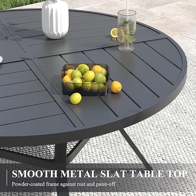 VICLLAX 47.2" Round Patio Table with Umbrella Hole, All Weather Metal Outdoor Dining Table for 6, Outside Table with Storage Shelf for Lawn Garden, Black