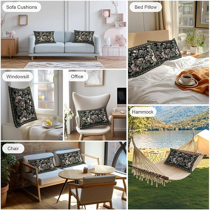 Vandarllin Outdoor Throw Pillows Covers 20x12 inch Set of 2 Waterproof Pink Floral Bird Decorative Zippered Cushion Covers for Patio Furniture, Green Leaves Branches Black Lumbar Pillowcases