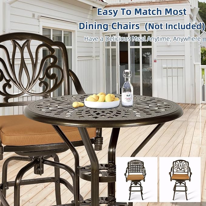 Outdoor Cast Aluminum Bar Table, 31" Patio Bar Height Table with 2" Umbrella Hole, All Weather High Top Bistro Round Dining Table for Outside Deck Porch Balcony Poolside, Dark Bronze
