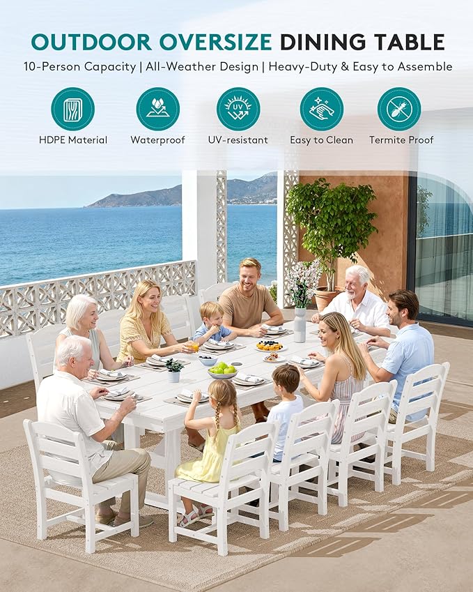SERWALL 10 Piece Outdoor Dining Set with 15ft Triple-Head Foldable Umbrella(Based not Included), 84" HDPE Outdoor Table and Armless Chairs Set for 8, White