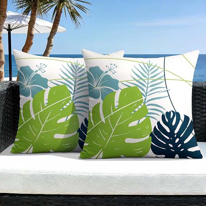 OTOSTAR Outdoor Waterproof Throw Pillow Covers 18x18 Inch Set of 2 Double-Sided Light Green Blue Tropical Leaf and Flower Spring Summer Decorative Pillow Cases for Patio Funiture Garden Balcony Couch