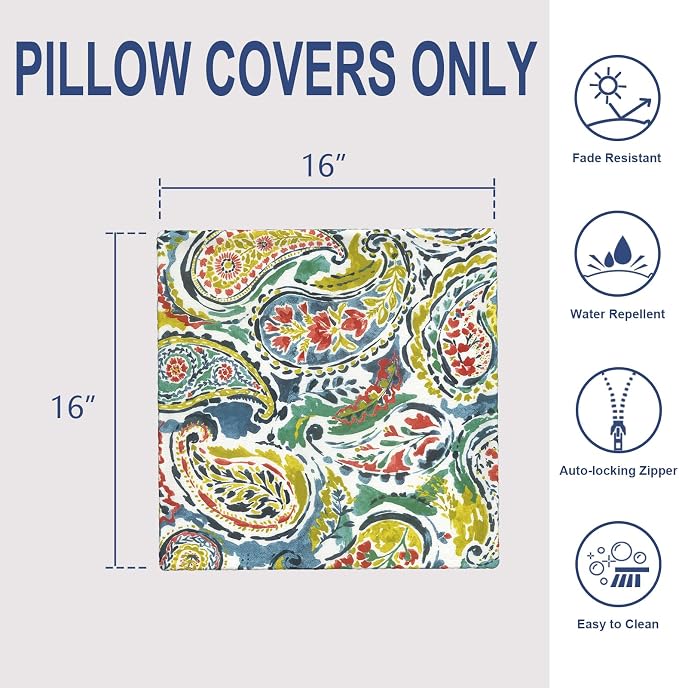 Outdoor 16x16 Inch Throw Pillow Covers Set of 2, Covers ONLY, All Weather Square Pillow Cases, Patio Cushion Pillow of Home Furniture Use, Paradise Paisley