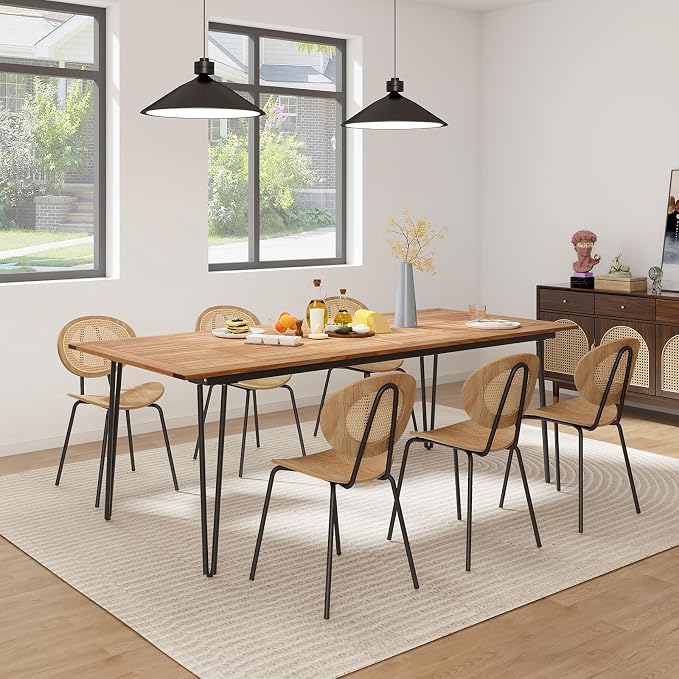 Tangkula 86.5" Large Patio Dining Table for 8, Acacia Wood 8-Person Dining Table with 2" Umbrella Hole & Metal Legs & Adjustable Foot Pads, Rectangular Outside Table for Garden, Poolside & Backyard