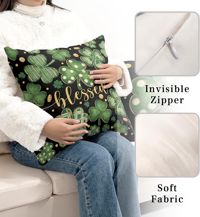 Saint Patricks Day Throw Pillow Covers Stripes Polka Dot Shamrock Clover Pillow Cases 2 Pack 24x24 March Holiday Lucky Blessed Decorative Pillow Covers for Sofa Home St Patricks Decor