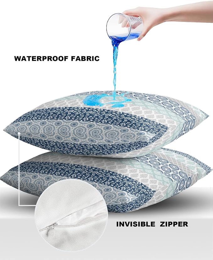 Outdoor Waterproof Throw Pillow Covers Set of 2 Blue Boho Stripe Tribal Vingtage Lumbar Pillowcases 16x16 Inches Bohemian Style Decorative Pillows Cushion Case Patio Pillows for Couch Bed Garden