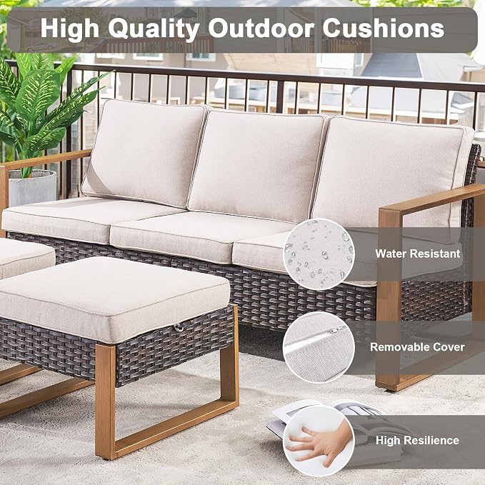 Belord 5 Piece Patio Furniture Set with Swivel Chairs, PE Wicker Patio Sofa Set Outdoor Swivel Rocker Patio Chairs with Anti-Rust Metal Wide Armrests for Deck Backyard Sunroom