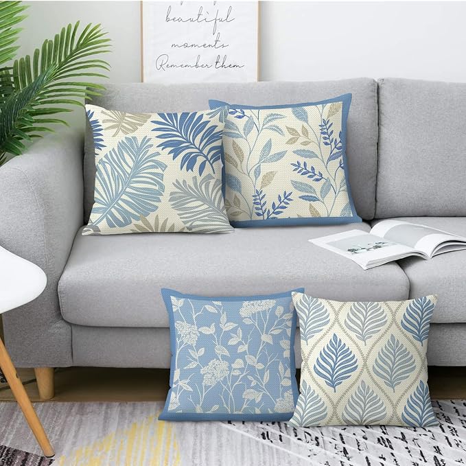 Bonhause Tropical Leaves Throw Pillow Covers 18 x 18 Inch Set of 4 Palm Leaf Floral Botanical Blue Decorative Pillow Cases Polyester Linen Outdoor Cushion Covers for Sofa Couch Garden Home Decor