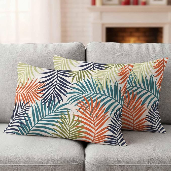 Outdoor Waterproof Throw Pillow Covers, Orange Green Blue Palm Leaves Decorative Pillow Cases, Summer Botanical Tropical Leaf Couch Pillow Protector Patio Sofa Cushion Covers 20"x12" 2 Pack
