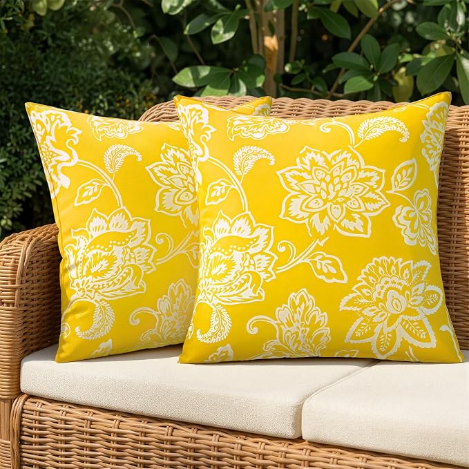 Decorative Outdoor Floral Pillow Covers Set of 2 18x18 Yellow | Waterproof Boho Farmhouse,Decorative Throw Pillow Covers,Summer Coastal Accent Pillowcases,Patio Furniture Garden Sofa