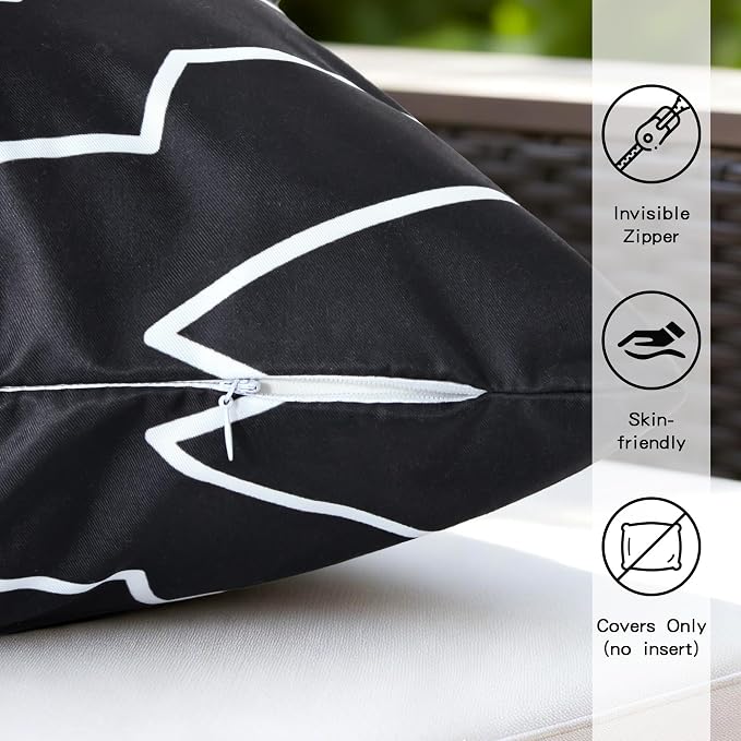 Waterproof Geometric Outdoor Pillow Covers 18x18 Inch Set of 2 | Black and White Geometric Throw Pillow Covers, Modern Decorative Cushion Cases for Patio Garden Porch Balcony Couch Sofa