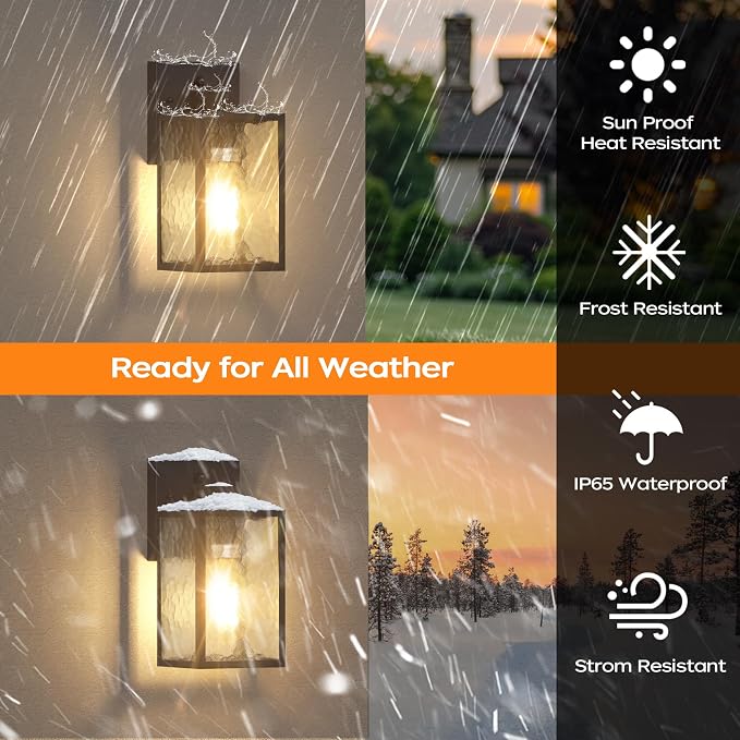 Dusk to Dawn Exterior Lighting Fixtures Outdoor Porch Light Wall Sconce | 10.65 inch, Anti-Rust Metal Frame, Tempered Glass, E26 Base, Waterproof, Sensor Wall Lantern for Patio, Garage, Entryway