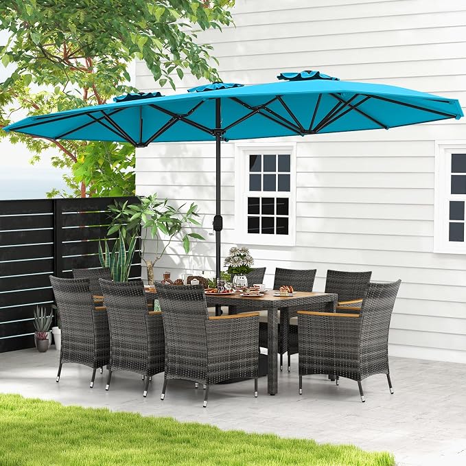 Tangkula 10 Pieces Patio Wicker Dining Set w/Double-Sided Patio Umbrella, Outdoor Acacia Wood Furniture Set w/ 8 Armchairs, 71” Dining Table & 15 ft Umbrella with Weighted Base (Turquoise)