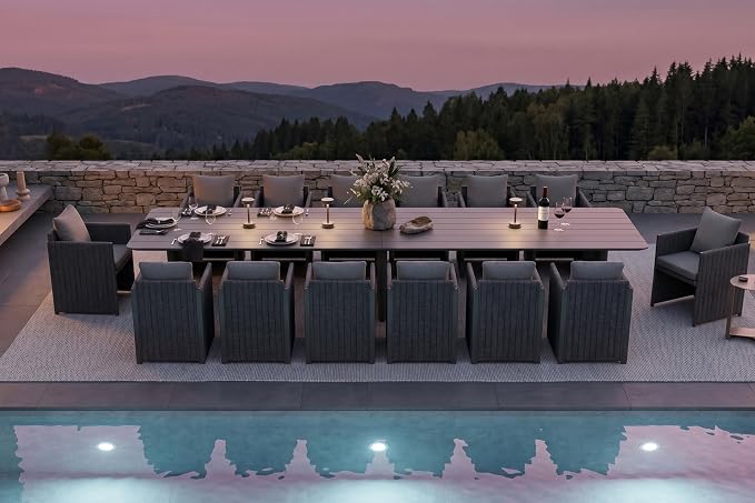 PURPLE LEAF Luxury 14-Person Outdoor Dining Set 189-Inch Aluminum Patio Table with Handwoven Olefin Rope Chairs, Cushioned Seating for Large Gatherings, Estate Patio and Poolside Entertaining Grey