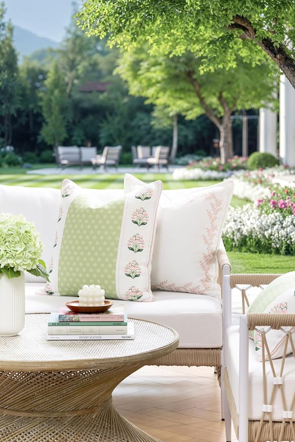 Hofdeco Premium Grandmillennial Patio Indoor Outdoor Throw Pillow Cover Only, 20"x20" Water Repellent for Backyard, Couch, Poolside, Blush Pink Embroidered Leaves Frame