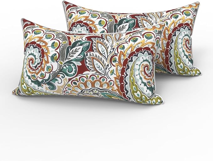 LVTXIII 2 Pack Outdoor Lumbar Pillows 12x20 Inch with White Piping, Fade Resistant Support Throw Pillows with Inserts for Patio Furniture, Sofa, Chair, Vibrant Paisley