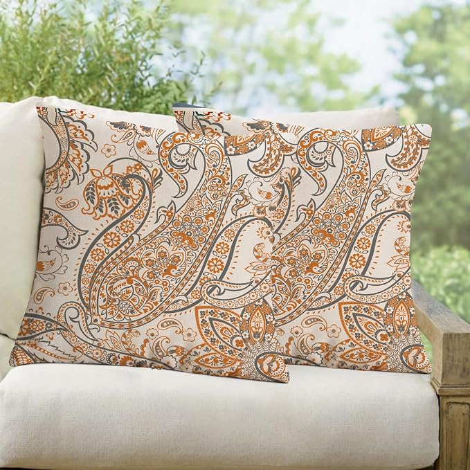 Blue Dahlia Flower Outdoor Pillow Covers 18x18 Inch Set of 2 Waterproof Abstract Floral Summer Decorative Throw Pillow Covers for Patio Furniture Porch Couch Home Decor (Orange Grey)