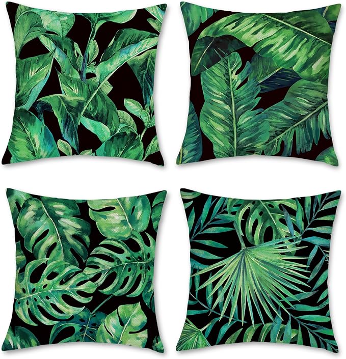 Bonhause Tropical Green Leaves Pillow Covers 18x18 Palm Leaf Decorative Pillow Cases Polyester Linen Summer Cushion Covers for Sofa Couch Home Decor Set of 4