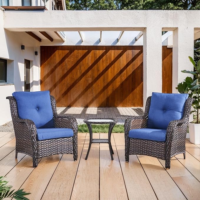 Belord Outdoor Furniture Set Patio Wicker Chairs, 3 Peices Porch Rattan Furniture with Side Table, Deep Seating Patio Bistro Chair Sets (Blue Cushion)
