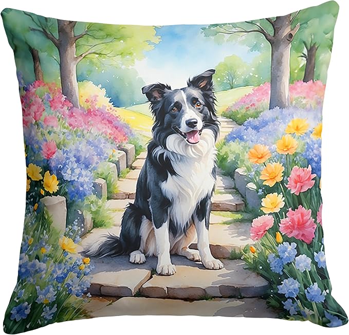 Caroline's Treasures Border Collie Spring Path Throw Pillow Machine Washable, Indoor Outdoor Decorative Pillow for Couch, Bed or Patio, 18Hx18W