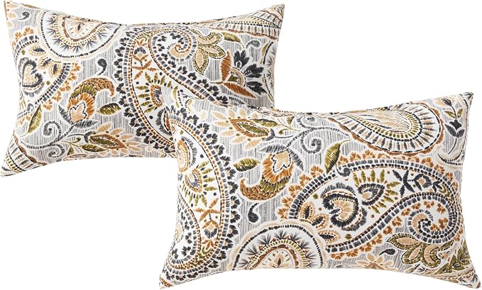 Set of 2 Outdoor Throw Pillows 19 x 12 Inch – Reversible Rectangle Patio Accent Pillows – Weather-Resistant Polyester Fabric – Eco-Friendly Recycled Polyfiber Fill – Arctic Paisley