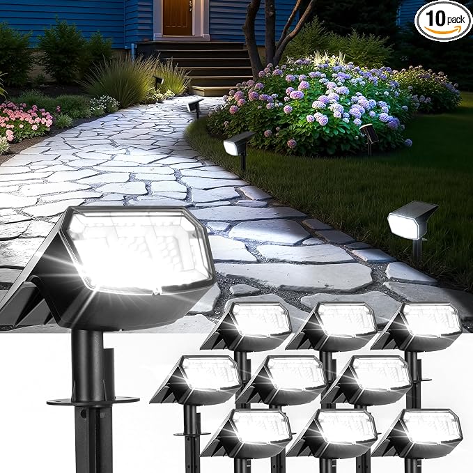 Solar Spot Lights Outdoor Waterproof, Solar Spotlights 10 Pack Cool White | 63 LED 3 Lighting Modes Solar Landscape Spotlights for Yard, Garden, Backyard, Driveway, Pathway, Wall, House, Garage