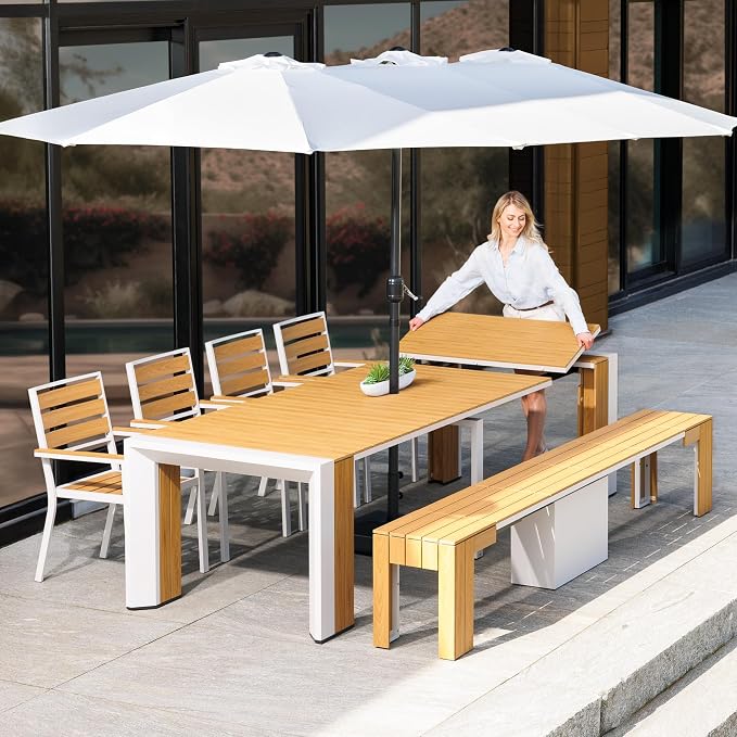 Transformer Table - Extendable Outdoor Dining Set up to 12, Expandable Patio Table, Weather-Resistant Patio Furniture, Light Oak, Natural (Table + Bench + 4 Chairs + Umbrella)