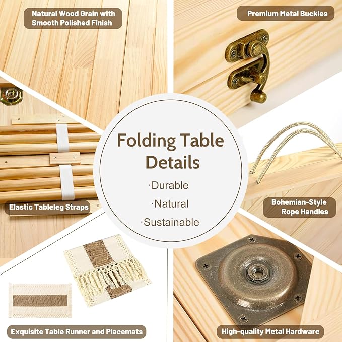 Folding Picnic Table with Table Runner & Placemat, 60 * 30in Wooden Picnic Table for Outdoors, Boho Low Coffee Table for Sitting on The Floor, for Beach, Park, Garden, Camping, Travel(Natural)