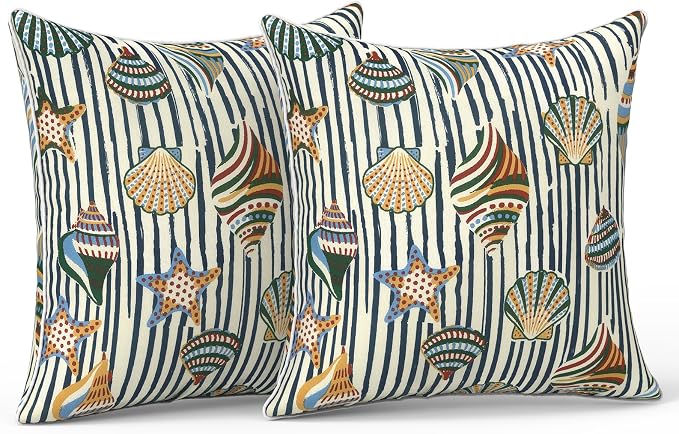 LVTXIII Outdoor Throw Pillows 18x18 Patio Waterproof Square Pillows with Piping Fade Resistant Accent Pillow for Spring Summer Garden Decoration, Set of 2, Crayon Shells