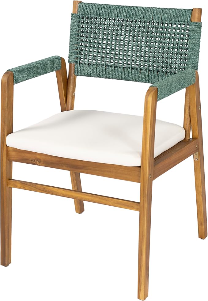 Christopher Knight Home Sky Acacia Wood Dining Table Set for 8, 9 Piece Patio Extendable Dining Table and Dining Chairs Set of 8 with Cushions & Rope Accents, Patio Furniture Set, Teak+Beige+Green