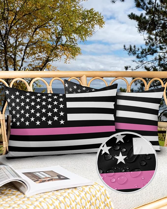 Outdoor Waterproof Pillow Covers Set of 2, Thin Pink Line Breast Cancer Awareness Women USA American Flag Patio Throw Pillow Covers, Decorative Cushion Case for Couch Sofa Furniture Garden, 20x12 Inch