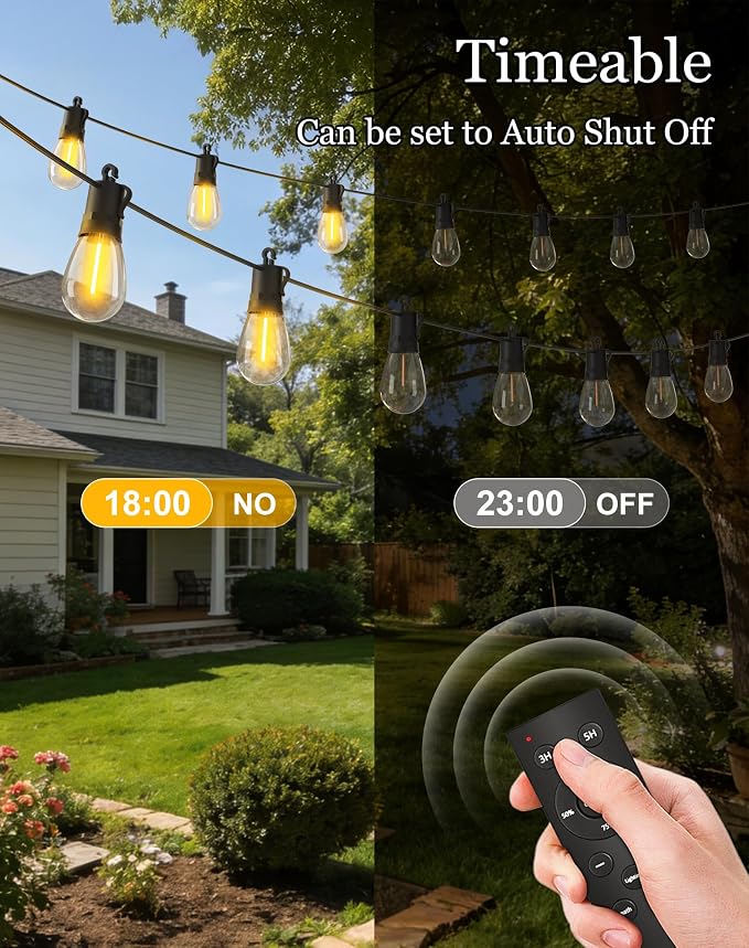 50ft Solar Powered Lights Outdoor - Waterproof String Light Outside Patio | Yard Garden Fence Backyard Deck Porch Balcony Patios Camping Battery Operated Lighting Hanging with LED Edison Bulbs S14