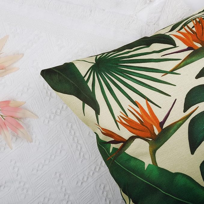 Bonhause Tropical Leaves Throw Pillow Covers 20x20 Set of 4 Green Palm Leaf Monstera Botanical Pillows Case Polyester Linen Cushion Covers for Outdoor Couch Sofa Patio Decor