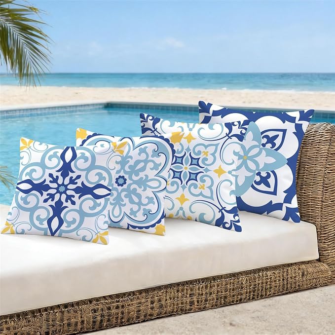 NIGHTWISH Outdoor Waterproof Pillow Covers 20x20 Set of 4 Blue Boho Decorative Outdoor Throw Pillows Floral Cushion Cases for Patio Furniture Bench Couch Sunbrella