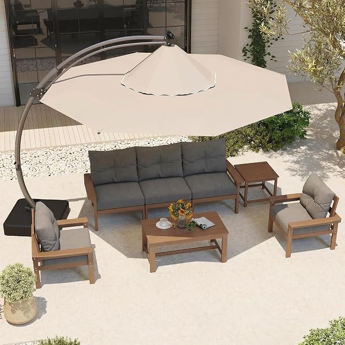 3 Piece HDPE Outdoor Patio Furniture Set, All-Weather 2 Armchairs with Side Table, Patio Conversation Set with Grey Washable Thick Cushion for Balcony/Porch/Backyard (Teak Frame)
