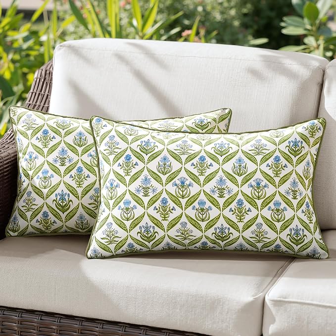 ANRODUO Floral Outdoor Waterproof Pillow Covers Set of 2 Green 12x20 Inch | Lumbar Block Print Decorative Cushion Cases With Refined Edge Piping for Summer Patio Porch Garden Couch Sofa Bench Decor